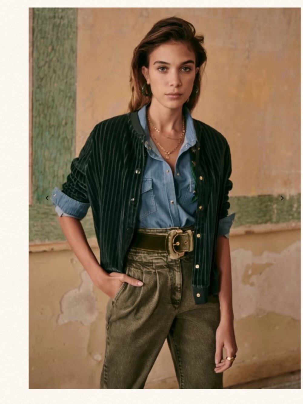 Sezane Dark Green Velvet Button-Front Iris Jacket in Sage 100% Organic Cotton